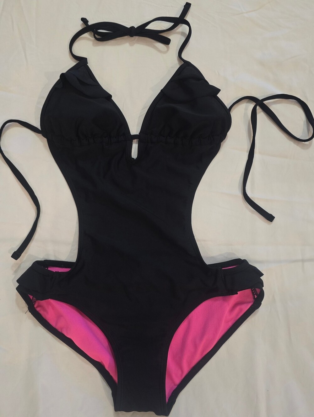 OP Size S Black & Pink One-Piece Swim Suit with Ruffle Accents